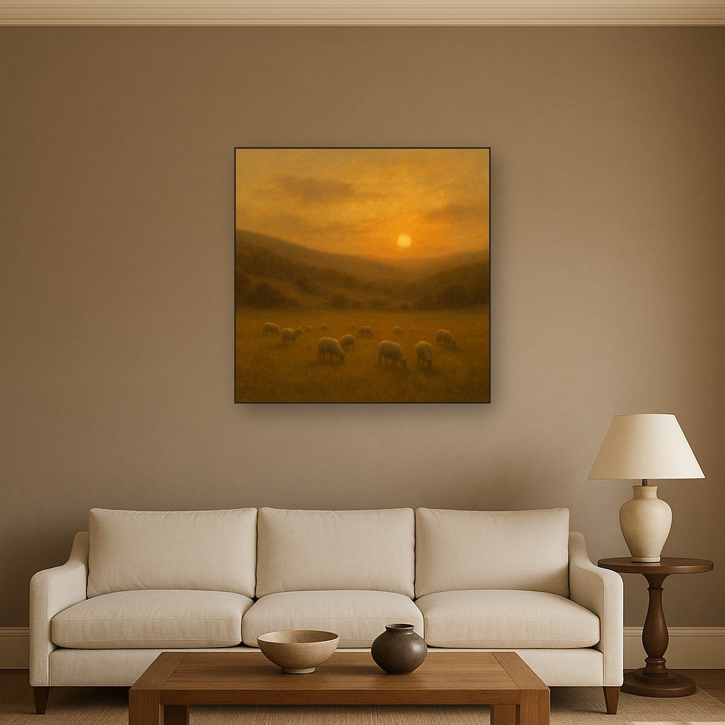 Sunset Grazing Flock in Golden Valley No. 3 Oil Painting - View 2