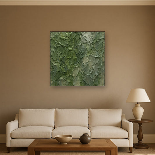 Verdant Moss Strata Heavy Impasto Oil Painting - Styled in Modern Living Room