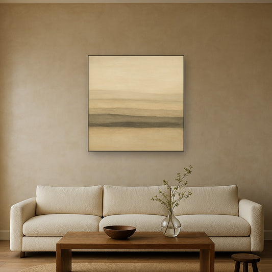 Raw Limestone Horizon & Washed Linen No. 28 Oil Painting Staged Above Sectional Sofa in Living Room, Hand Painted Canvas Wall Art for Home Decor
