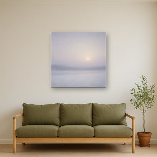 Winter Dawn Frost & Pale Silver Light No. 15 Oil Painting Staged Above Sectional Sofa in Living Room, Hand Painted Canvas Wall Art for Home Decor