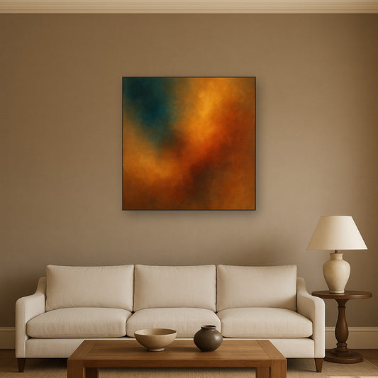 Deep Topaz & Spiced Terracotta Glow No. 19 Oil Painting Staged Above Sectional Sofa in Living Room, Hand Painted Canvas Wall Art for Home Decor