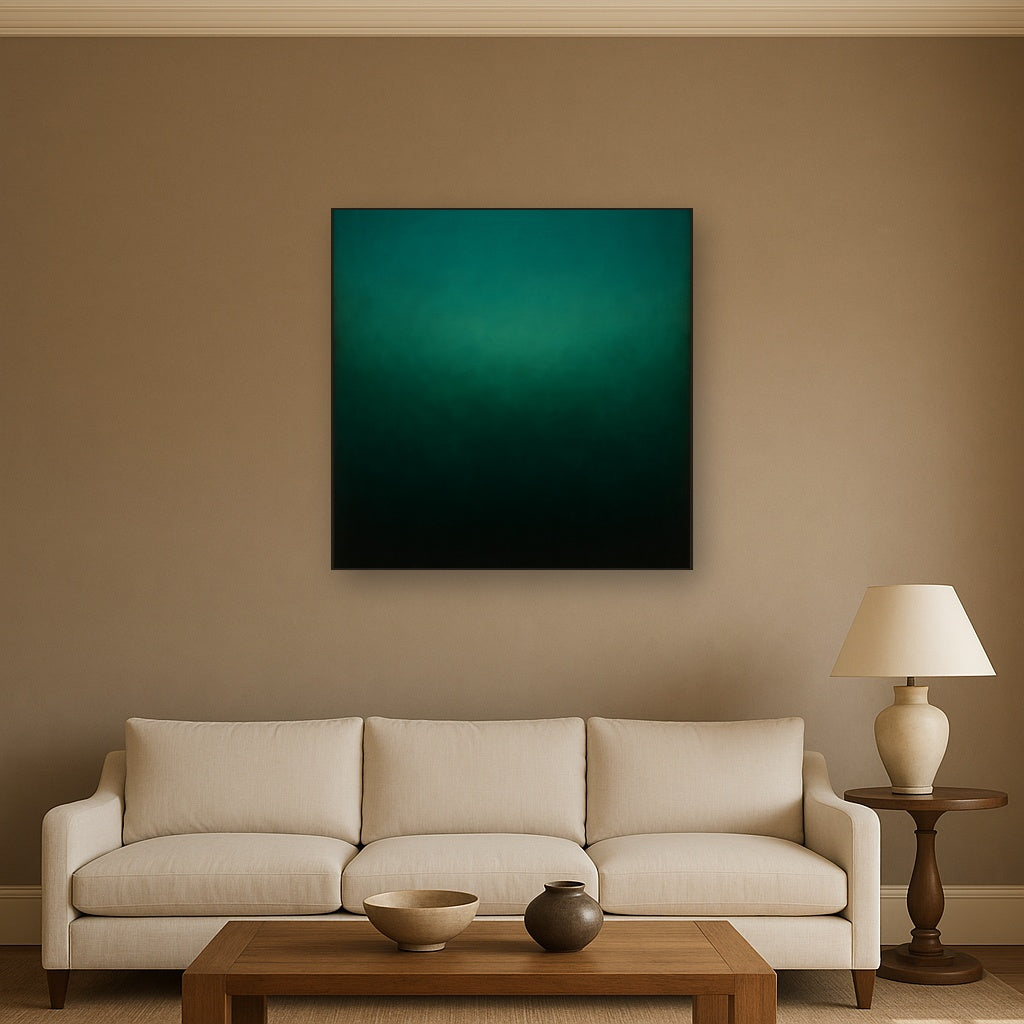 Midnight Teal & Deep Malachite Gradient No. 15 Oil Painting Staged Above Sectional Sofa in Living Room, Hand Painted Canvas Wall Art for Home Decor