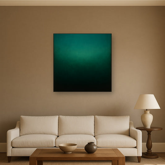 Midnight Teal & Deep Malachite Gradient No. 15 Oil Painting Staged Above Sectional Sofa in Living Room, Hand Painted Canvas Wall Art for Home Decor
