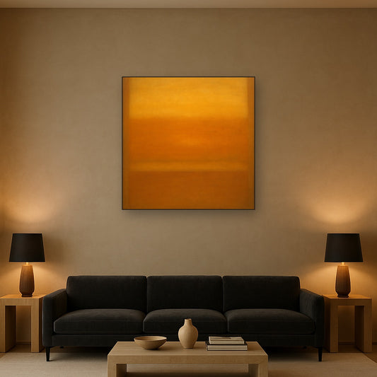 Warm Amber & Raw Sienna Sunset Meditation No. 29 Oil Painting Staged Above Sectional Sofa in Living Room, Hand Painted Canvas Wall Art for Home Decor