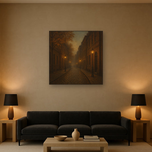London Gaslamp Alley in Autumn Dusk No. 14 Oil Painting Staged Above Sectional Sofa in Living Room, Hand Painted Canvas Wall Art for Home Decor