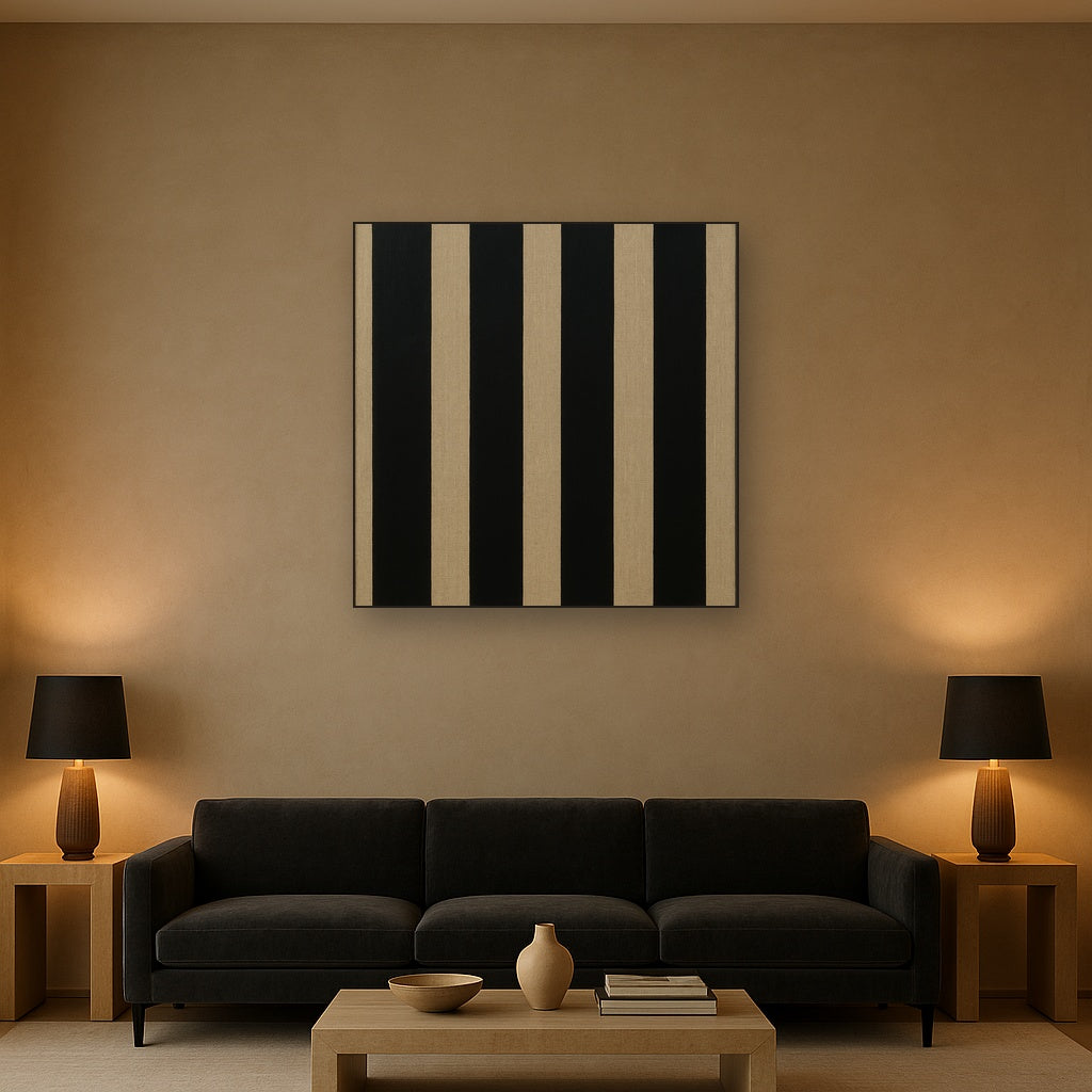 Minimalist Black Stripe & Raw Linen Rhythm No. 11 Fine Art Oil Painting - View 2
