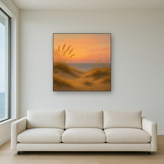 Sea Oats on Rolling Coastal Dunes at Sunset No. 9 Oil Painting Staged Above Sectional Sofa in Living Room, Hand Painted Canvas Wall Art for Home Decor