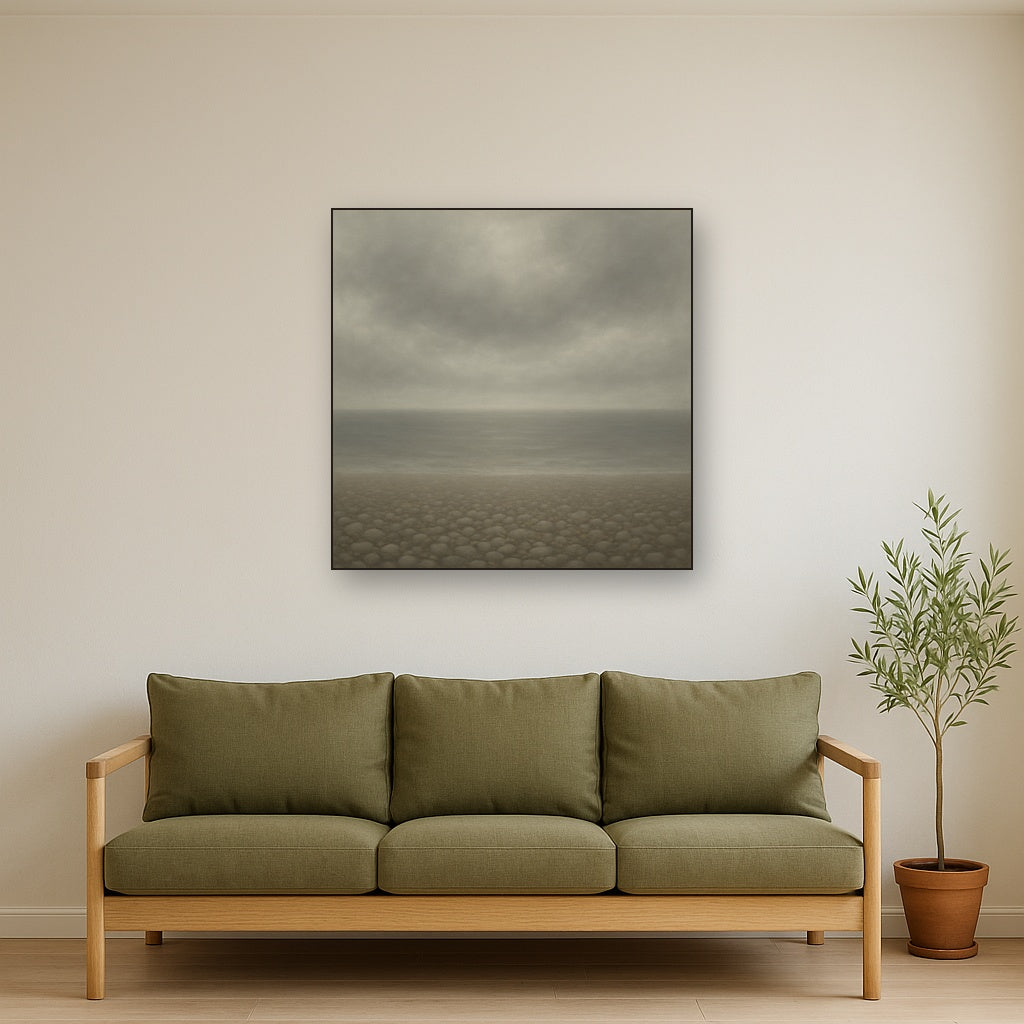 Overcast Coastal Fog & Wet Pebble Shingle No. 15 Oil Painting Staged Above Sectional Sofa in Living Room, Hand Painted Canvas Wall Art for Home Decor