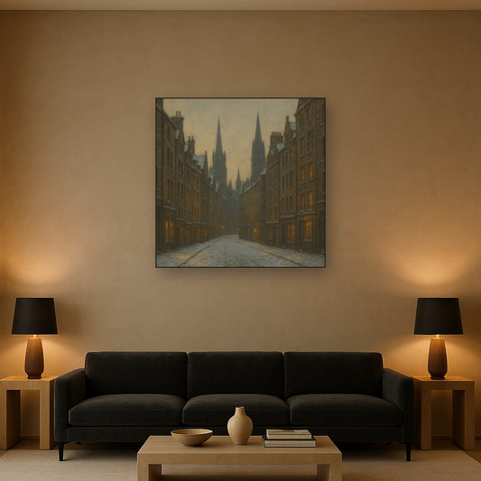 Edinburgh Old Town Royal Mile in Snow No. 23 Oil Painting Staged Above Sectional Sofa in Living Room, Hand Painted Canvas Wall Art for Home Decor
