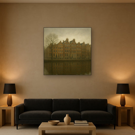 Amsterdam Canal Houses Under Overcast Sky No. 26 Oil Painting Staged Above Sectional Sofa in Living Room, Hand Painted Canvas Wall Art for Home Decor
