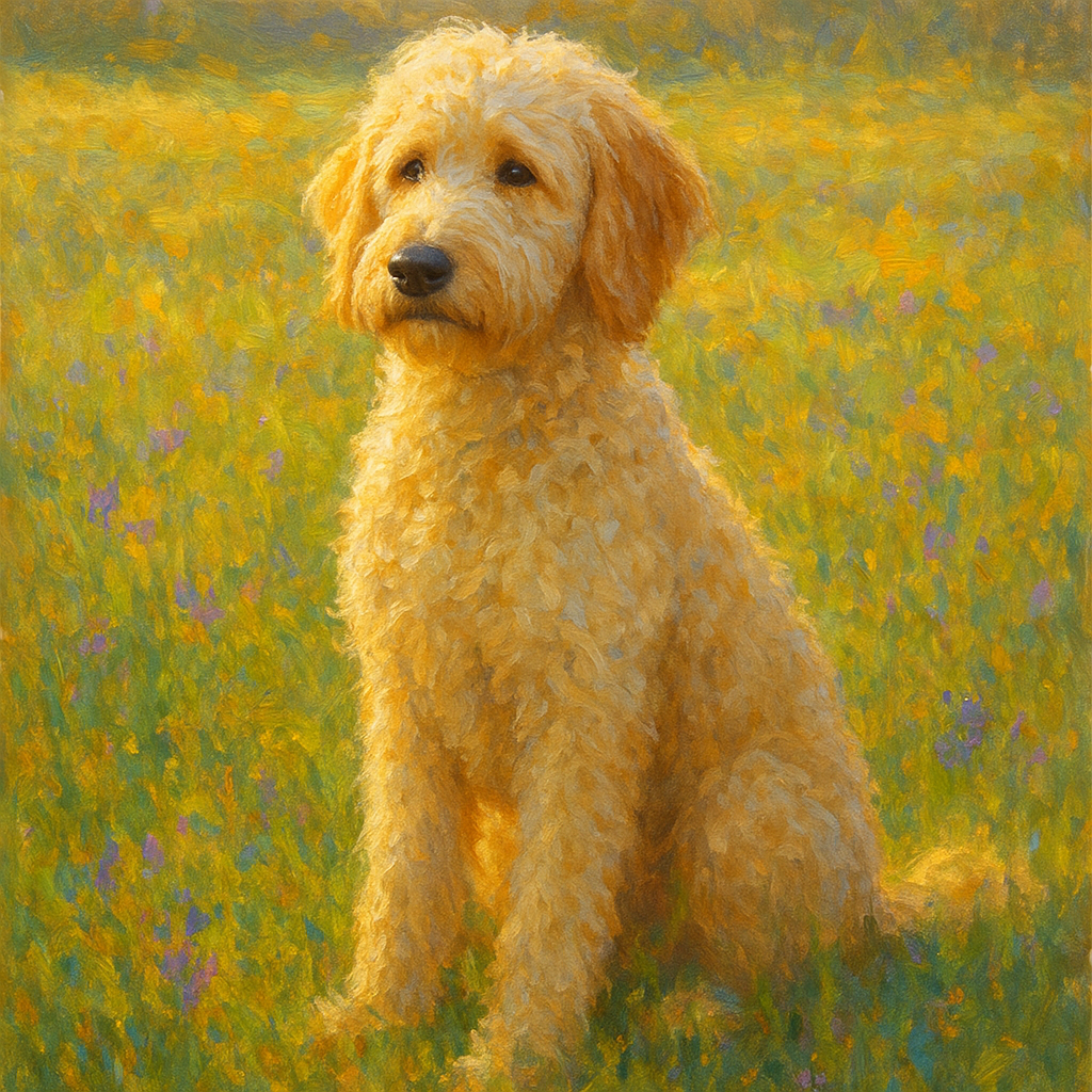 Fluffy Goldendoodle in Sun-Drenched Meadow No. 16 Fine Art Oil Painting - View 1