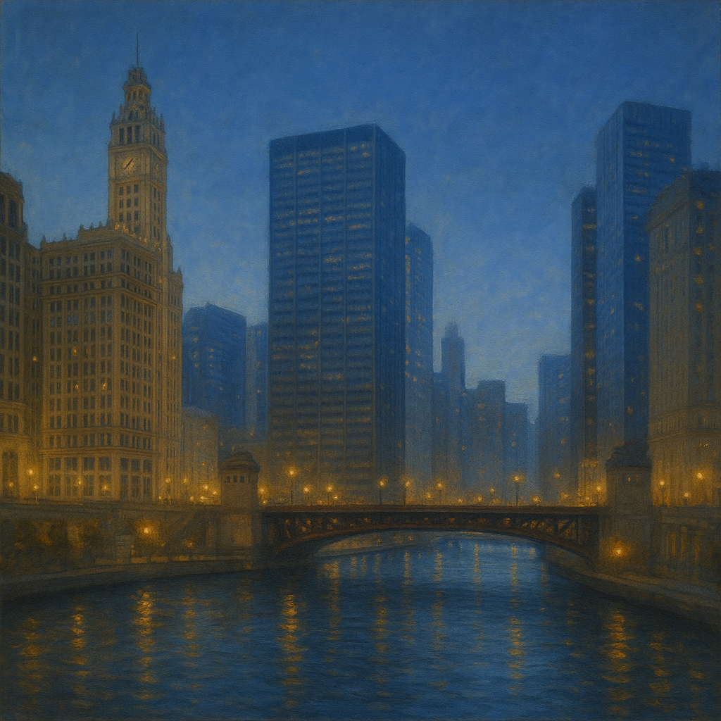 Chicago Riverfront Architecture at Blue Hour No. 28 Oil Painting - View 1