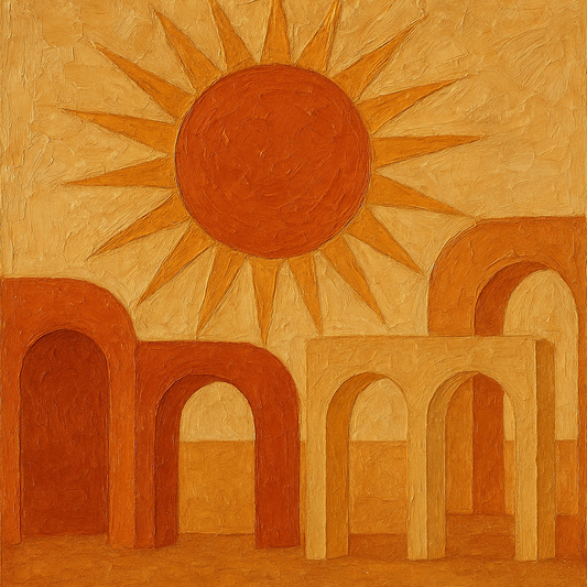 Mid-Century Terracotta Sun & Arches No. 6 Oil Painting - 100% Hand-Painted Master Oil Painting