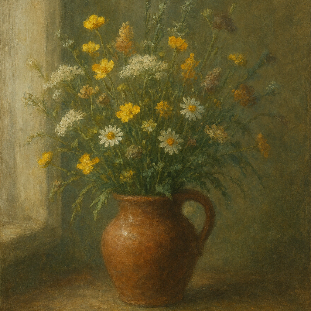 Vintage Meadow Wildflowers in Earthenware Jar No. 4 Fine Art Oil Painting - View 1