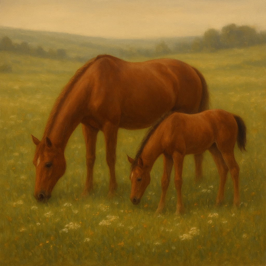 Mares & Foals Grazing in Rolling Meadow No. 16 Oil Painting - View 1