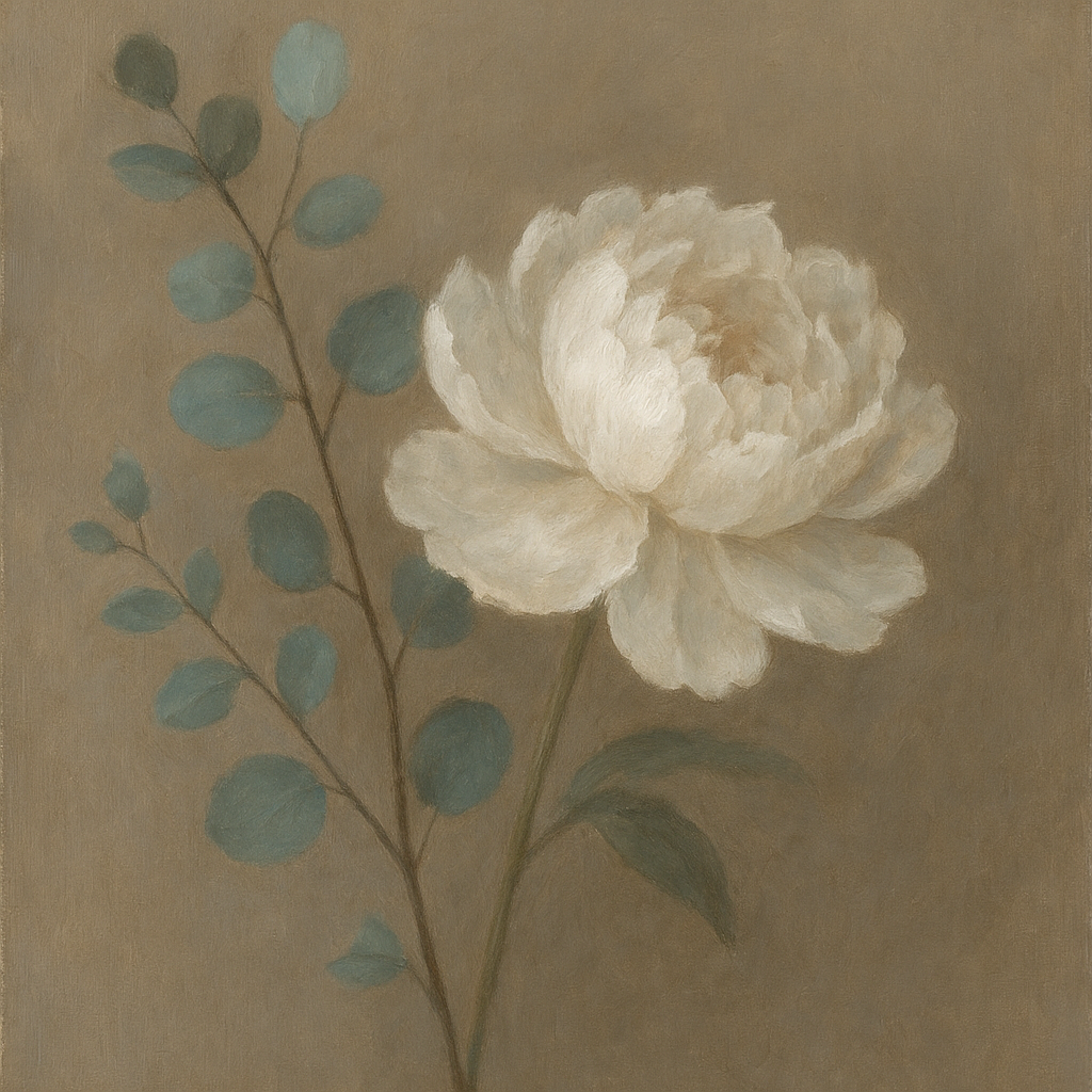 Eucalyptus & White Peony Minimalist Flora No. 13 Fine Art Oil Painting - View 1