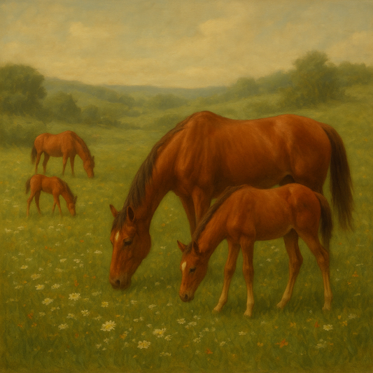 Mares & Foals Grazing in Rolling Meadow No. 19 Oil Painting 100% Hand Painted Oil on Belgian Linen Canvas, Original Fine Art Wall Decor