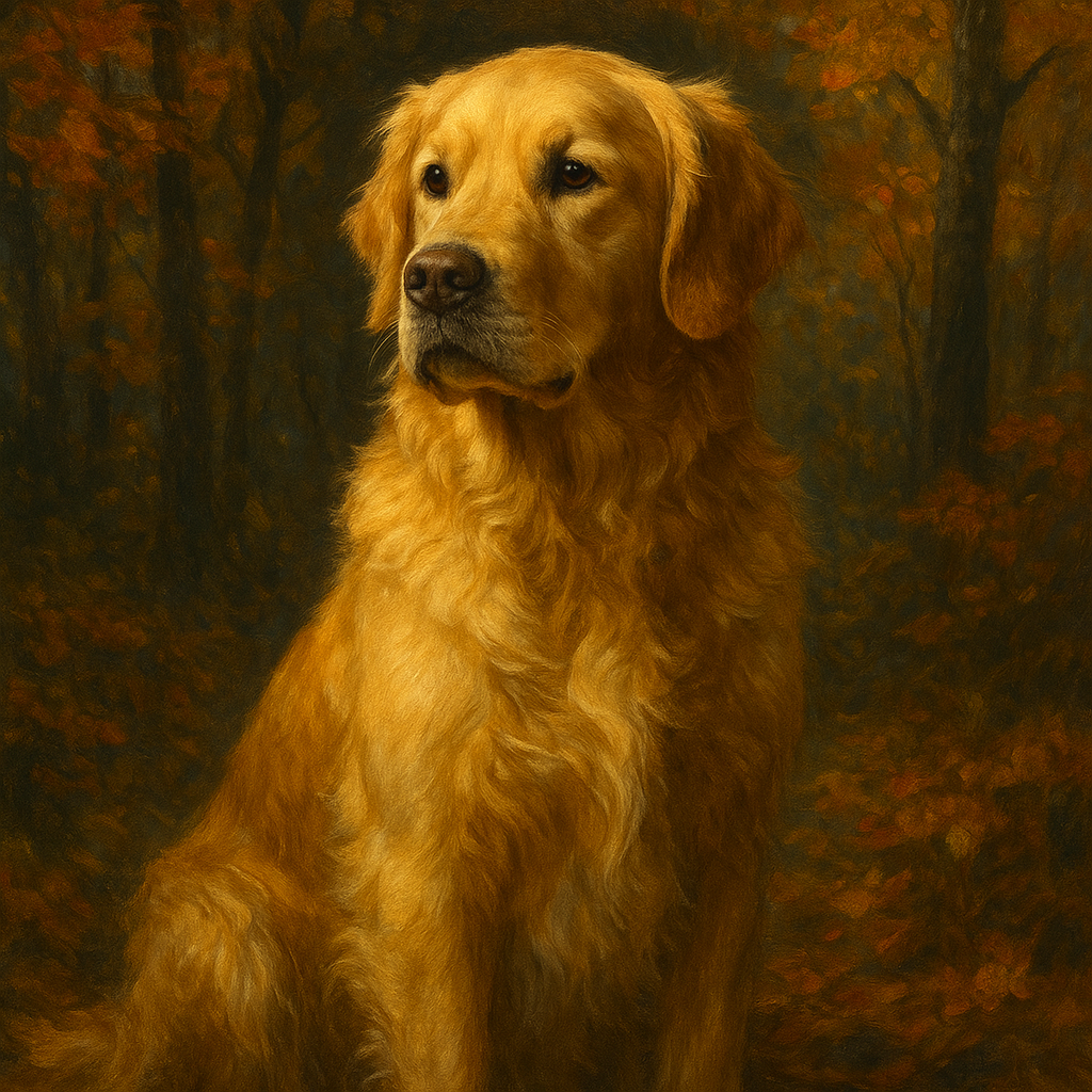 Noble Golden Retriever in Autumn Woods No. 4 Fine Art Oil Painting - View 1