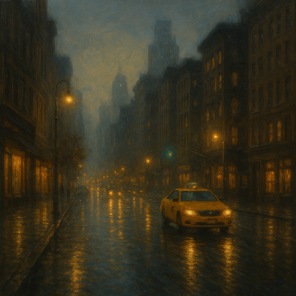 Rain-Drenched Manhattan Avenue Lights No. 13 Oil Painting - View 1