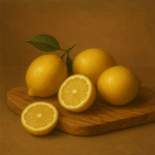 Meyer Lemons on Olive Wood Board No. 7 Oil Painting 100% Hand Painted Oil on Belgian Linen Canvas, Original Fine Art Wall Decor