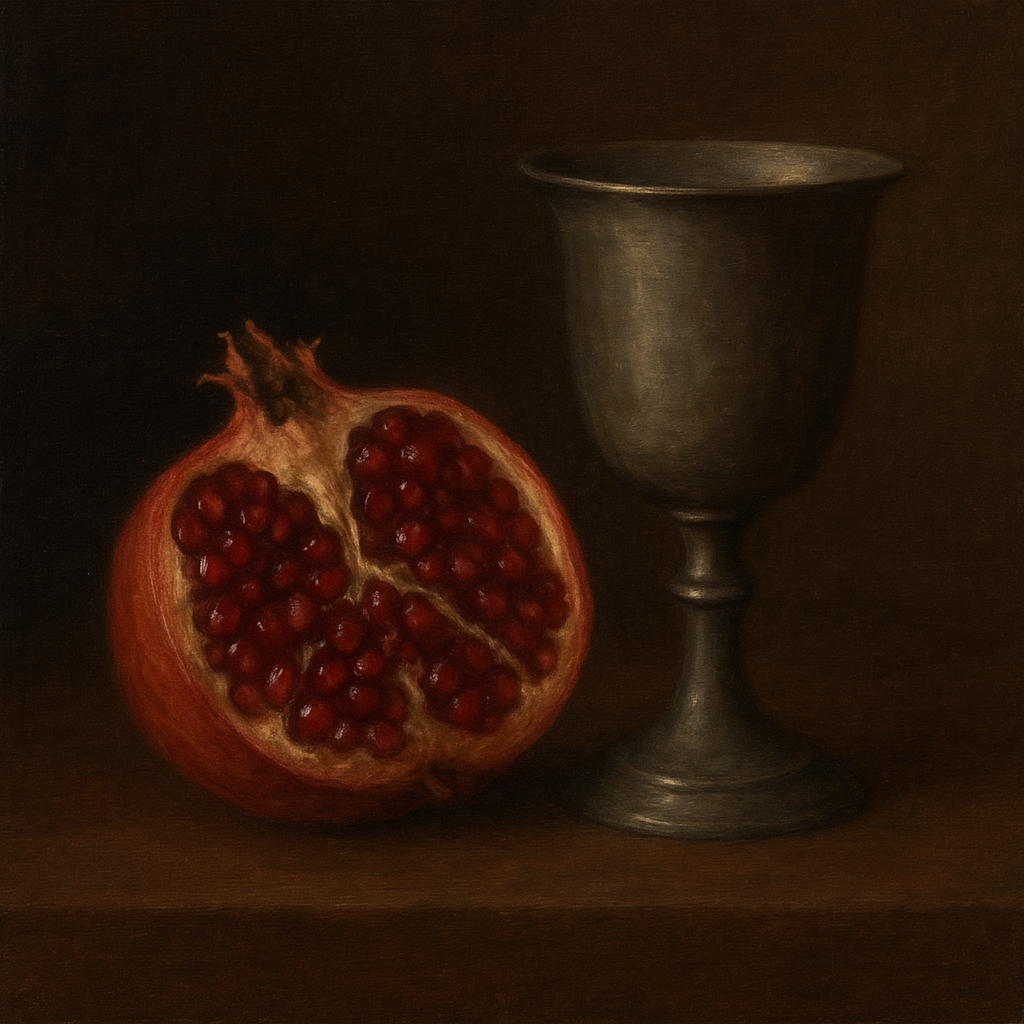 Pomegranate & Vintage Pewter Goblet Oil Painting - View 1