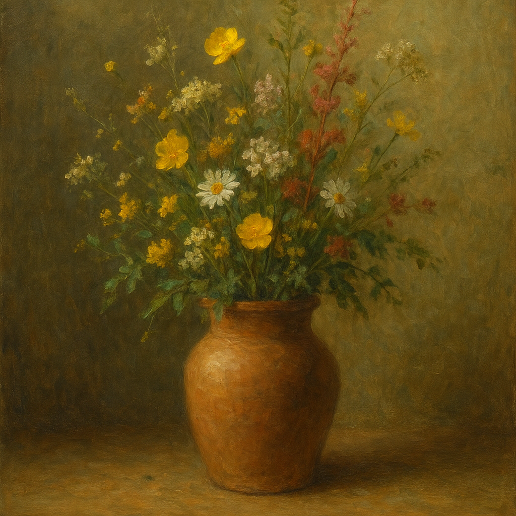 Vintage Meadow Wildflowers in Earthenware Jar No. 14 Fine Art Oil Painting - View 1
