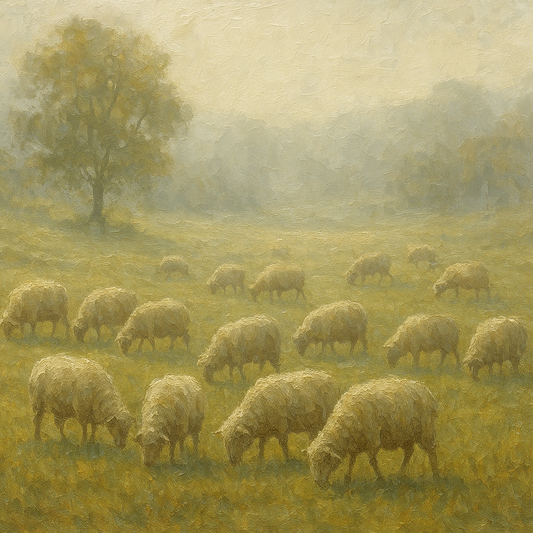 Pastoral Grazing Flock at Morning Mist No. 2 Oil Painting - 100% Hand-Painted Master Oil Painting