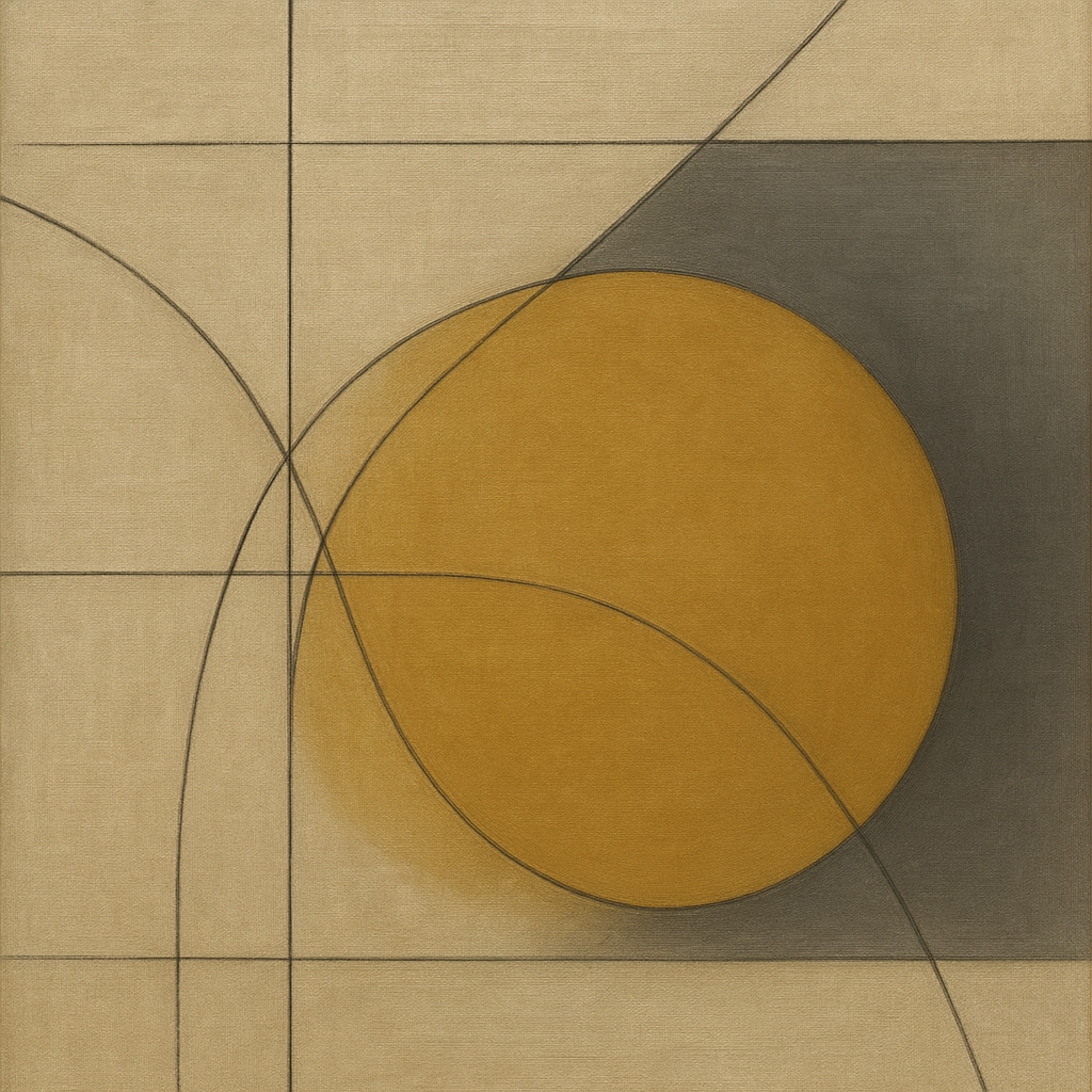 Abstract Tangent Lines & Earthy Ochre Disc No. 17 Oil Painting - View 1