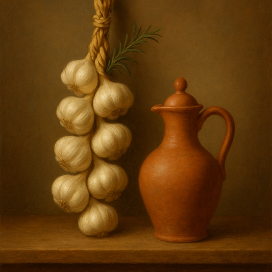 Tuscan Garlic Braid & Terracotta Cruet No. 8 Oil Painting 100% Hand Painted Oil on Belgian Linen Canvas, Original Fine Art Wall Decor