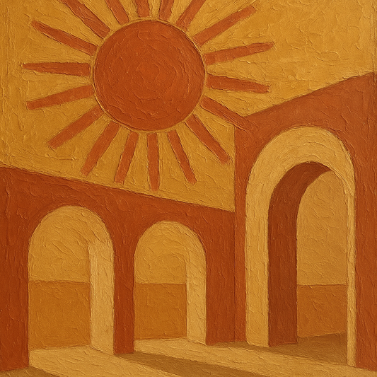 Mid-Century Terracotta Sun & Arches No. 4 Oil Painting - 100% Hand-Painted Master Oil Painting