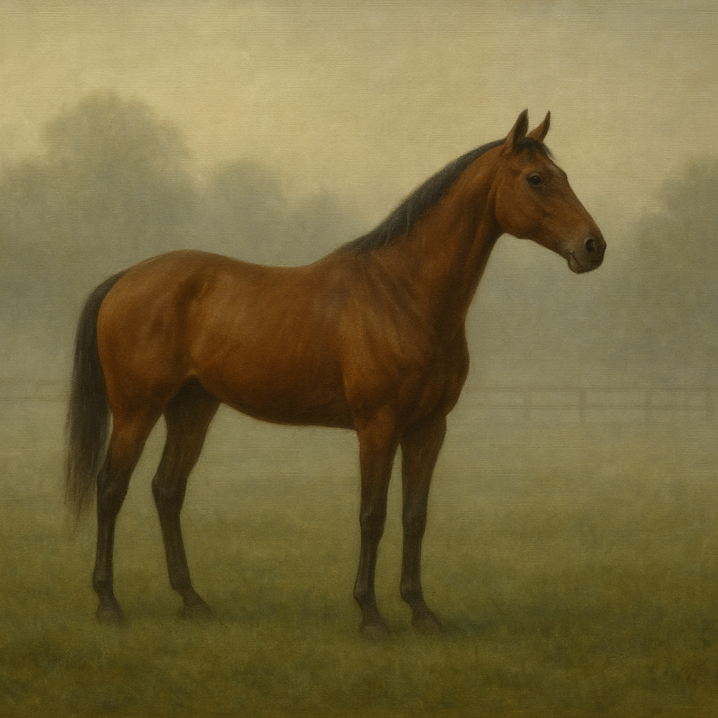 Thoroughbred in Morning Pasture Mist No. 7 Oil Painting - View 1
