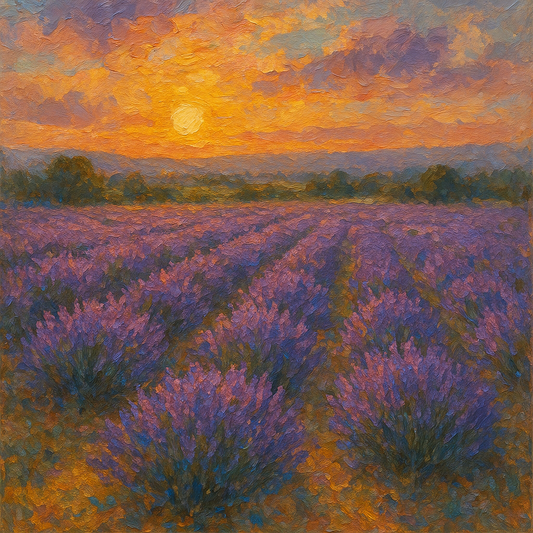 French Lavender Field at Sunset Oil Painting - View 1