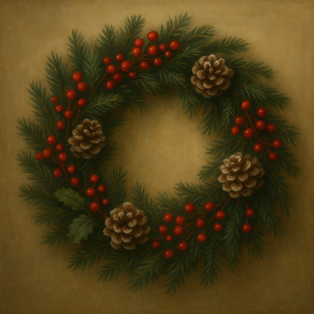 Vintage Holiday Botanical Wreath & Berries No. 3 Oil Painting - View 1