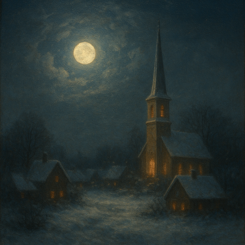 Moonlight Over Snowy Village Steeple Oil Painting - View 1