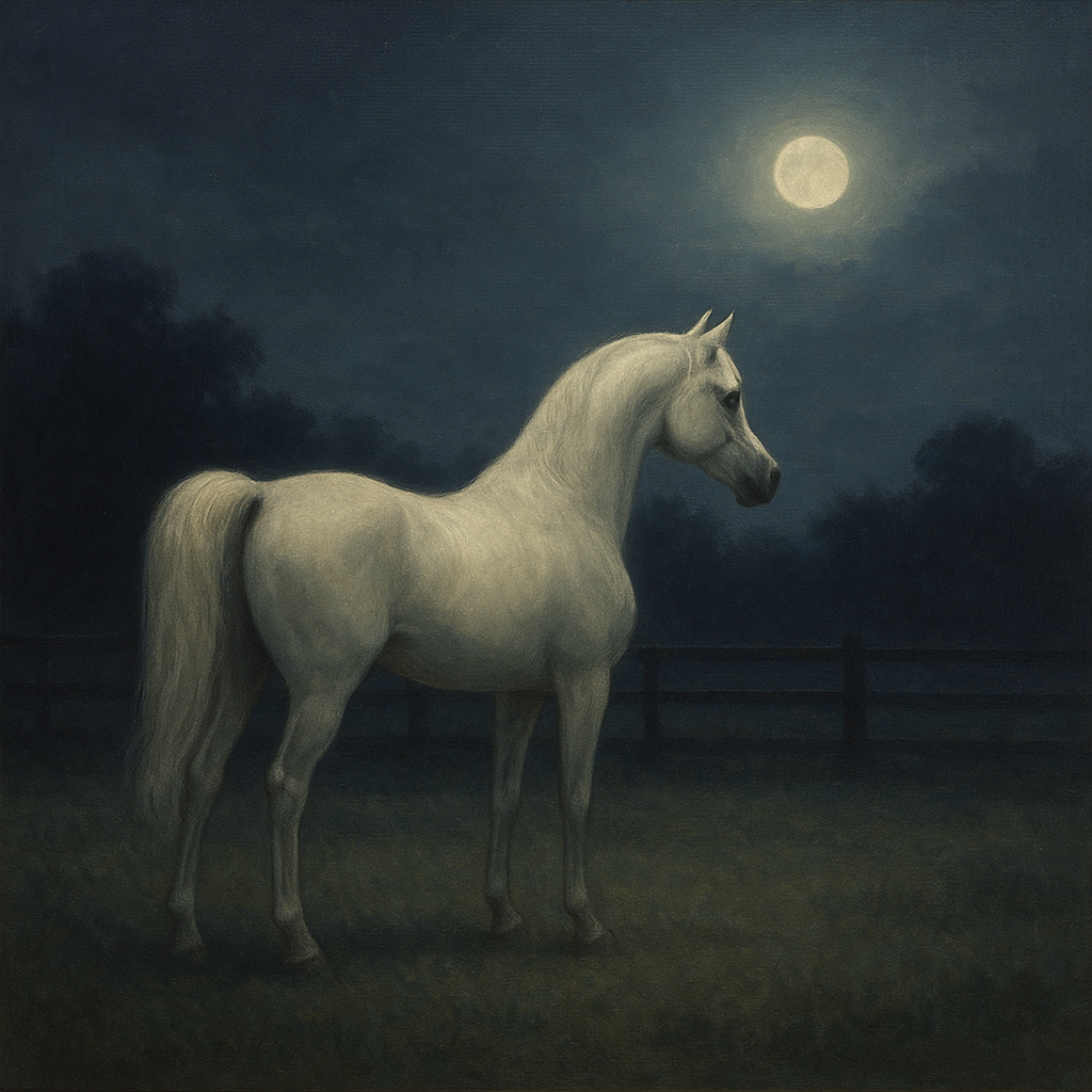 Moonlit Paddock with White Arabian Silhouette No. 6 Oil Painting - View 1