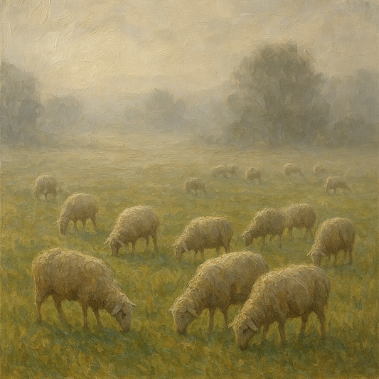 Pastoral Grazing Flock at Morning Mist Oil Painting - 100% Hand-Painted Master Oil Painting