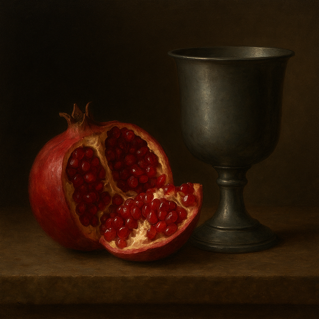 Pomegranate & Vintage Pewter Goblet No. 6 Oil Painting - View 1