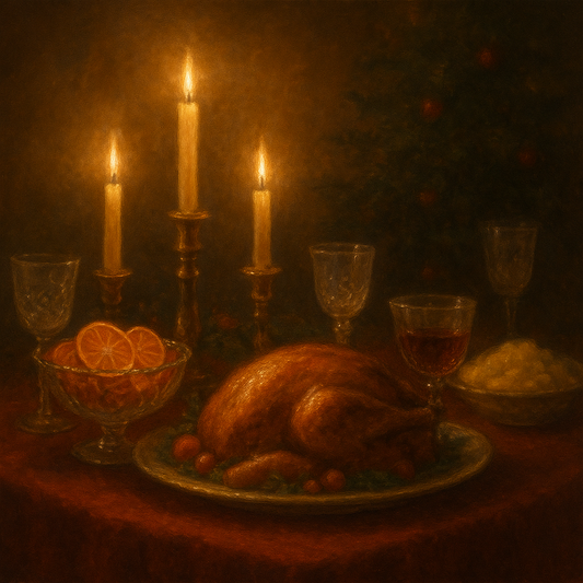 Candlelit Holiday Table & Vintage Glassware No. 6 Oil Painting 100% Hand Painted Oil on Belgian Linen Canvas, Original Fine Art Wall Decor