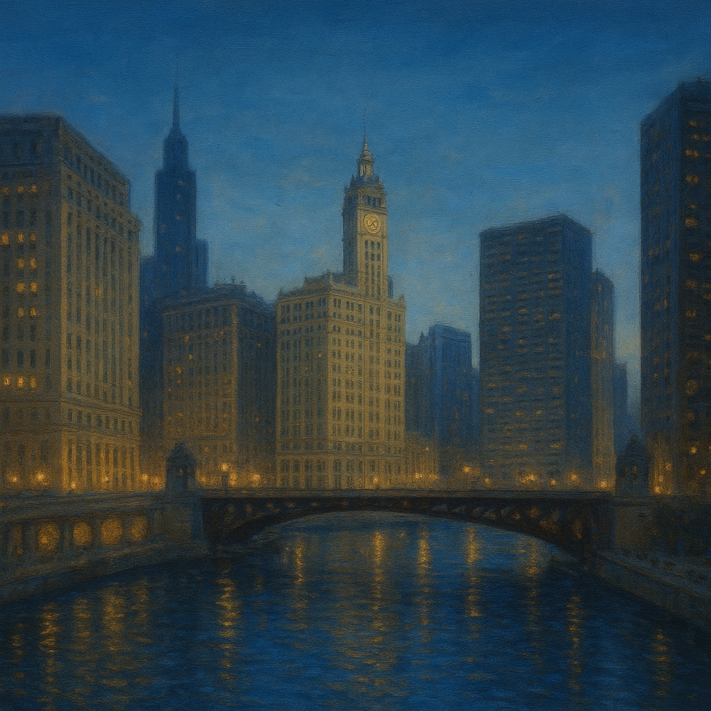Chicago Riverfront Architecture at Blue Hour No. 25 Oil Painting - View 1