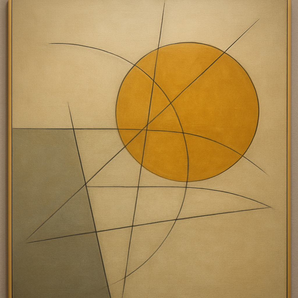 Abstract Tangent Lines & Earthy Ochre Disc No. 10 Oil Painting - View 1