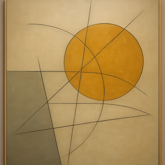 Abstract Tangent Lines & Earthy Ochre Disc No. 10 Oil Painting 100% Hand Painted Oil on Belgian Linen Canvas, Original Fine Art Wall Decor