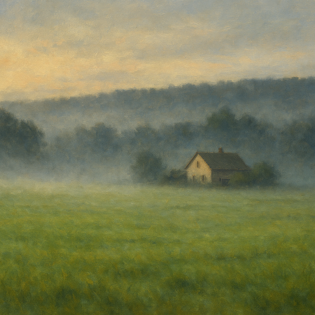 Misty Morning Pasture with Distant Wooded Ridge No. 8 Fine Art Oil Painting - View 1