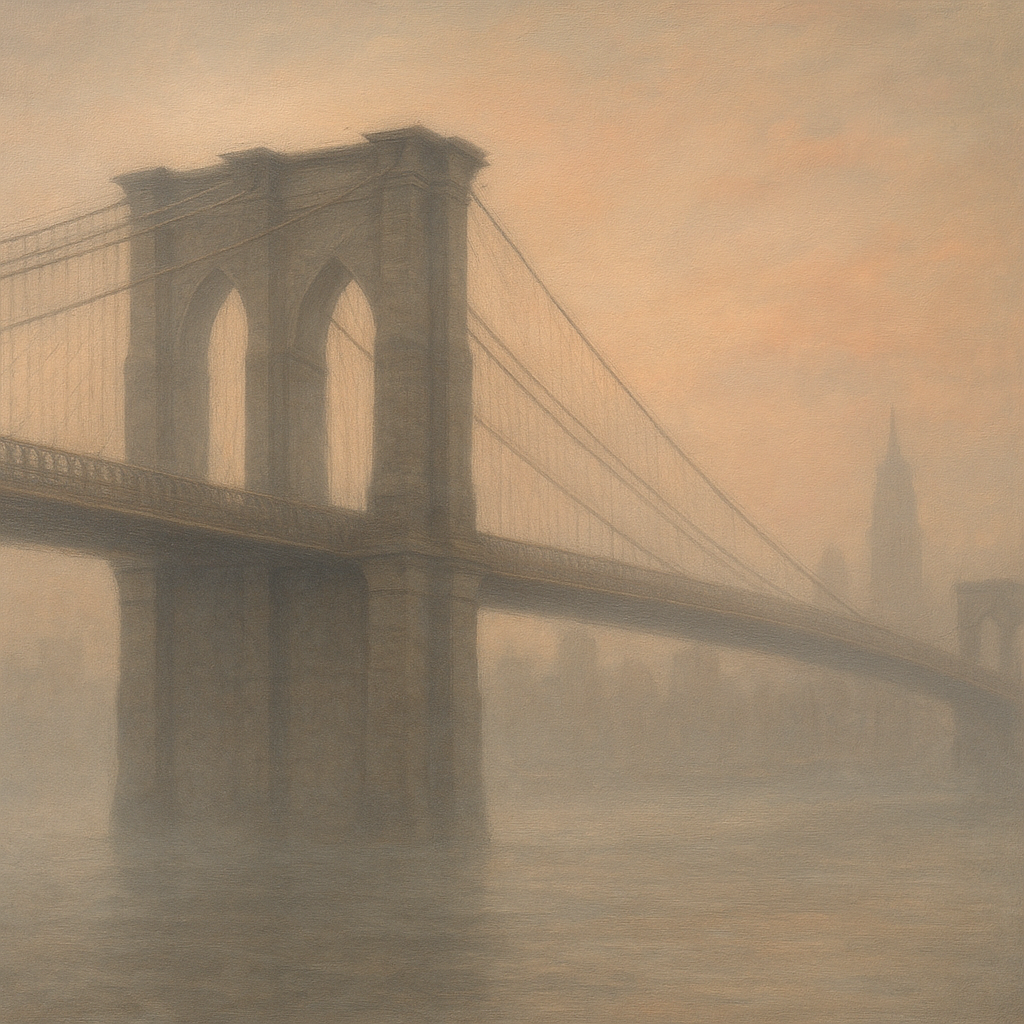 Brooklyn Bridge in Morning River Mist No. 8 Oil Painting - View 1