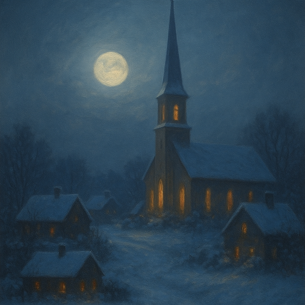 Moonlight Over Snowy Village Steeple No. 7 Oil Painting - View 1
