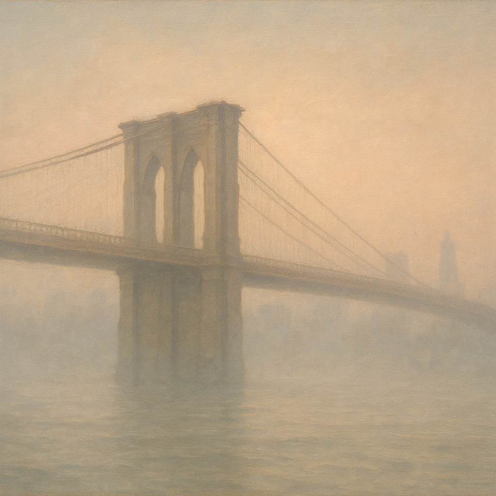 Brooklyn Bridge in Morning River Mist No. 22 Oil Painting - View 1