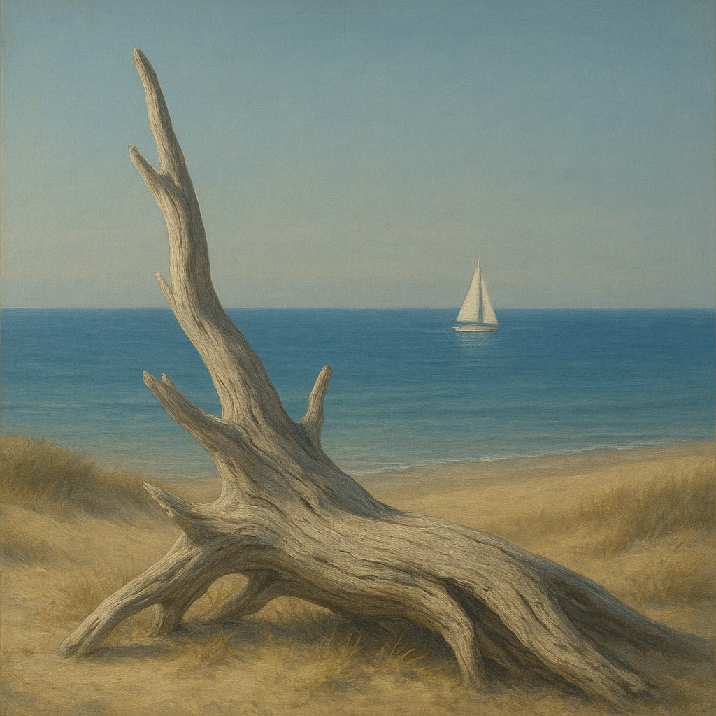 Sun-Bleached Driftwood & Distant Sailboat No. 9 Oil Painting 100% Hand Painted Oil on Belgian Linen Canvas, Original Fine Art Wall Decor