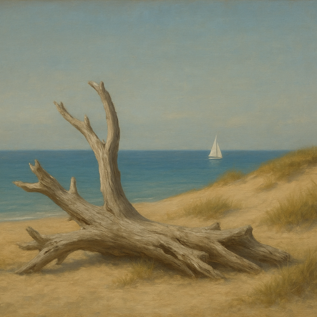 Sun-Bleached Driftwood & Distant Sailboat No. 15 Oil Painting 100% Hand Painted Oil on Belgian Linen Canvas, Original Fine Art Wall Decor
