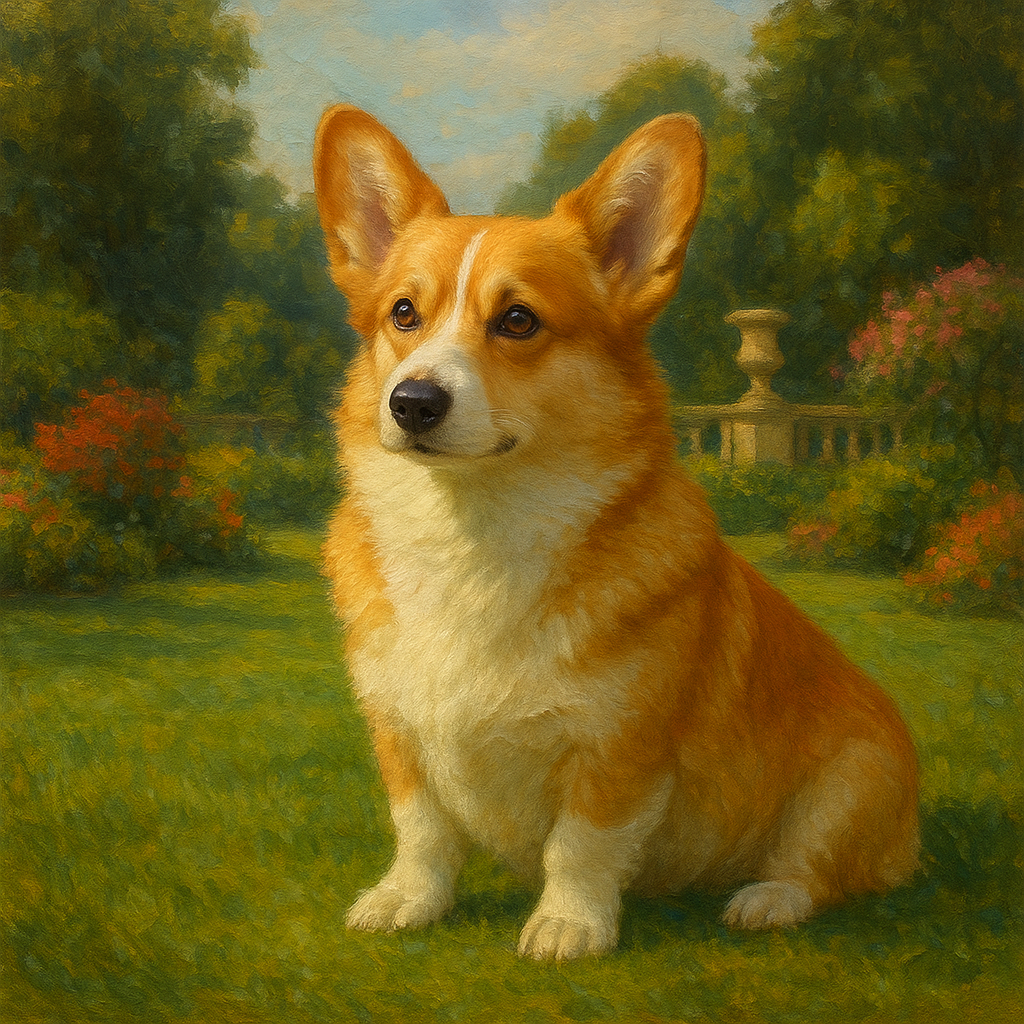 Pembroke Welsh Corgi in Royal English Garden No. 9 Fine Art Oil Painting - View 1