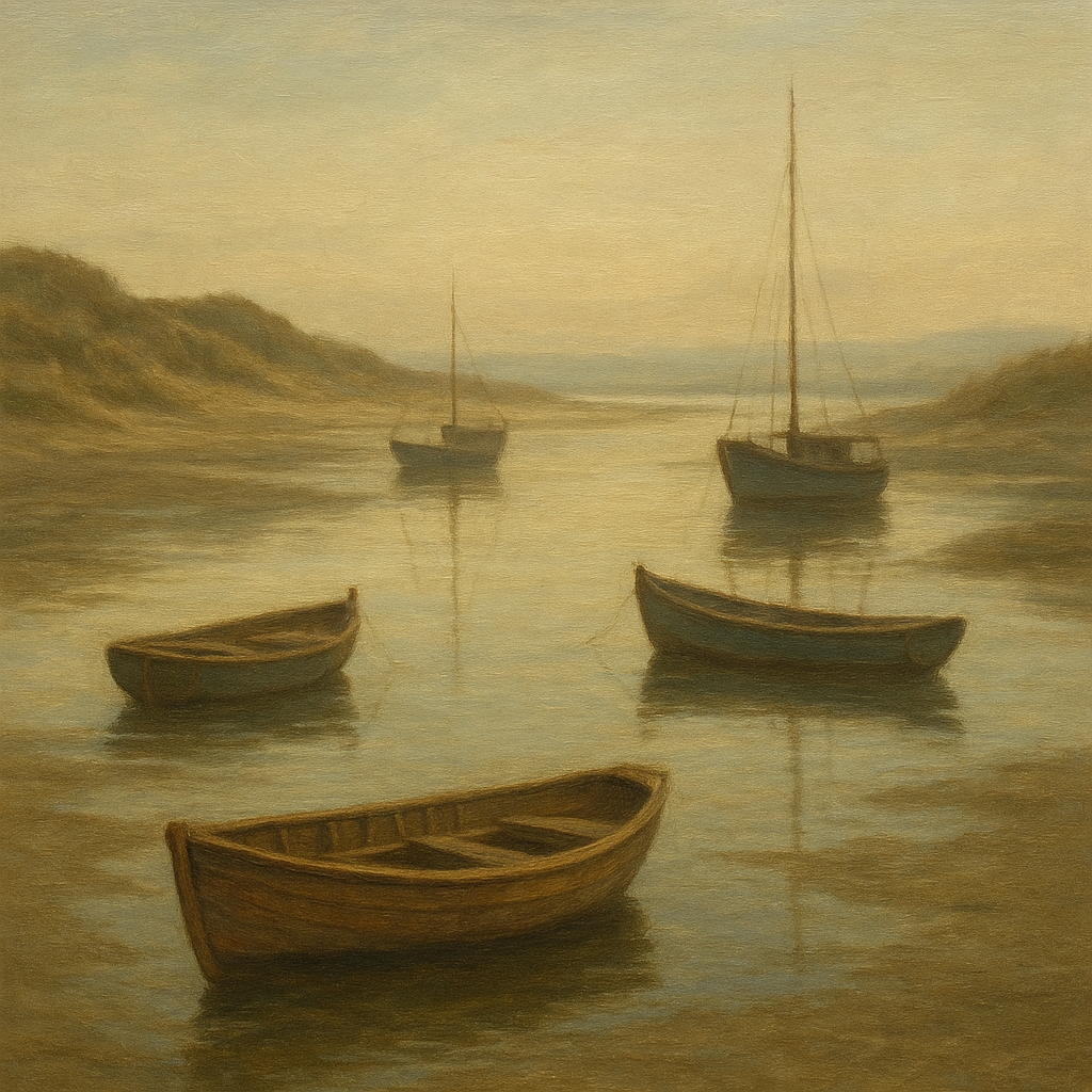 Quiet Fishing Harbor at Morning Low Tide No. 17 Oil Painting - View 1