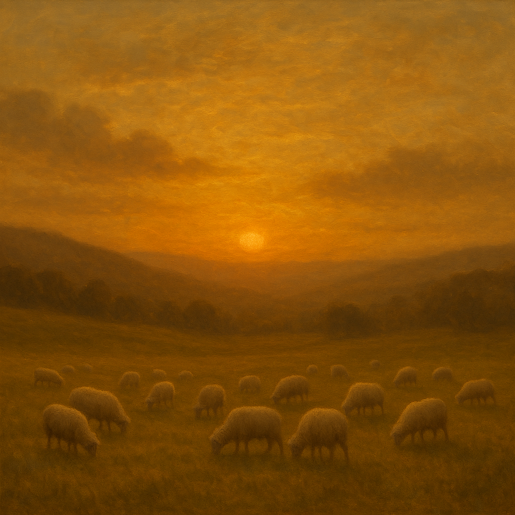 Sunset Grazing Flock in Golden Valley No. 2 Oil Painting - View 1